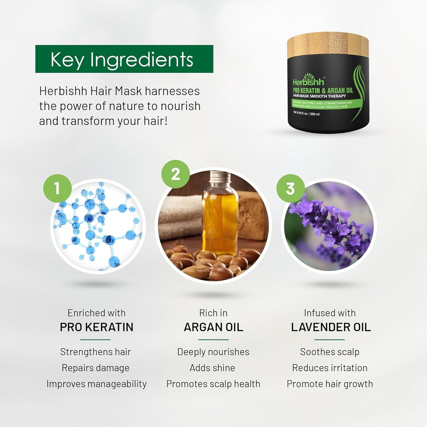 Herbishh Keratin & Argan oil Hair Mask for Damaged and Coloured treated Hair | Shine Enhancing, Texturizing & Anti Frizz | Men & Women (250 gm)