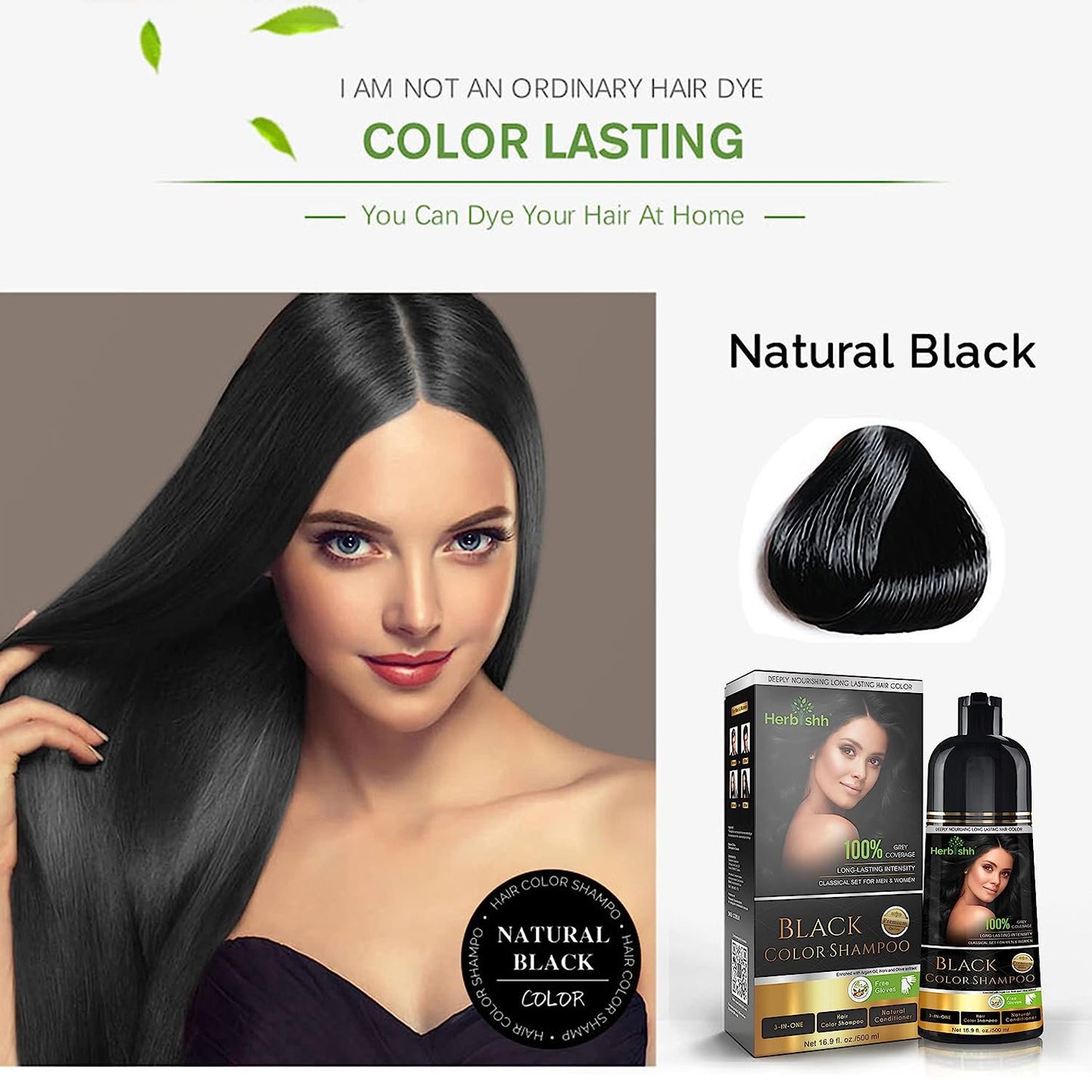 Herbishh Black Hair Color Shampoo for Gray Hair, Hair Dye Shampoo 3 in 1, 100% Gray Coverage, Permanent Hair Color for Men & Women, Ammonia-free, 500 ml