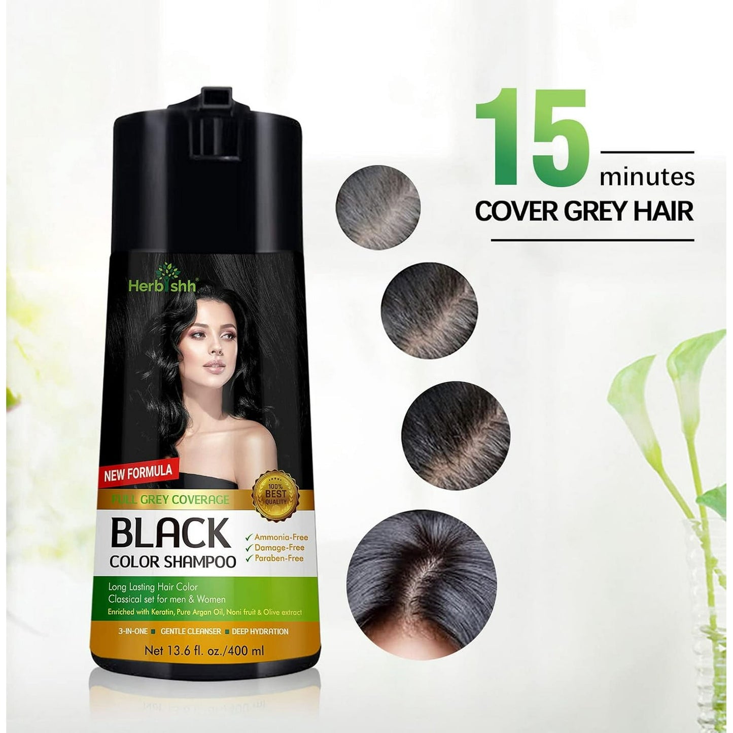 Herbishh Golden Black PPD-Free Hair Color Shampoo for Gray Hair, Hair Dye Shampoo 3 in 1, 100% Gray Coverage, Permanent Hair Color for Men & Women, Ammonia-free, 400 ml