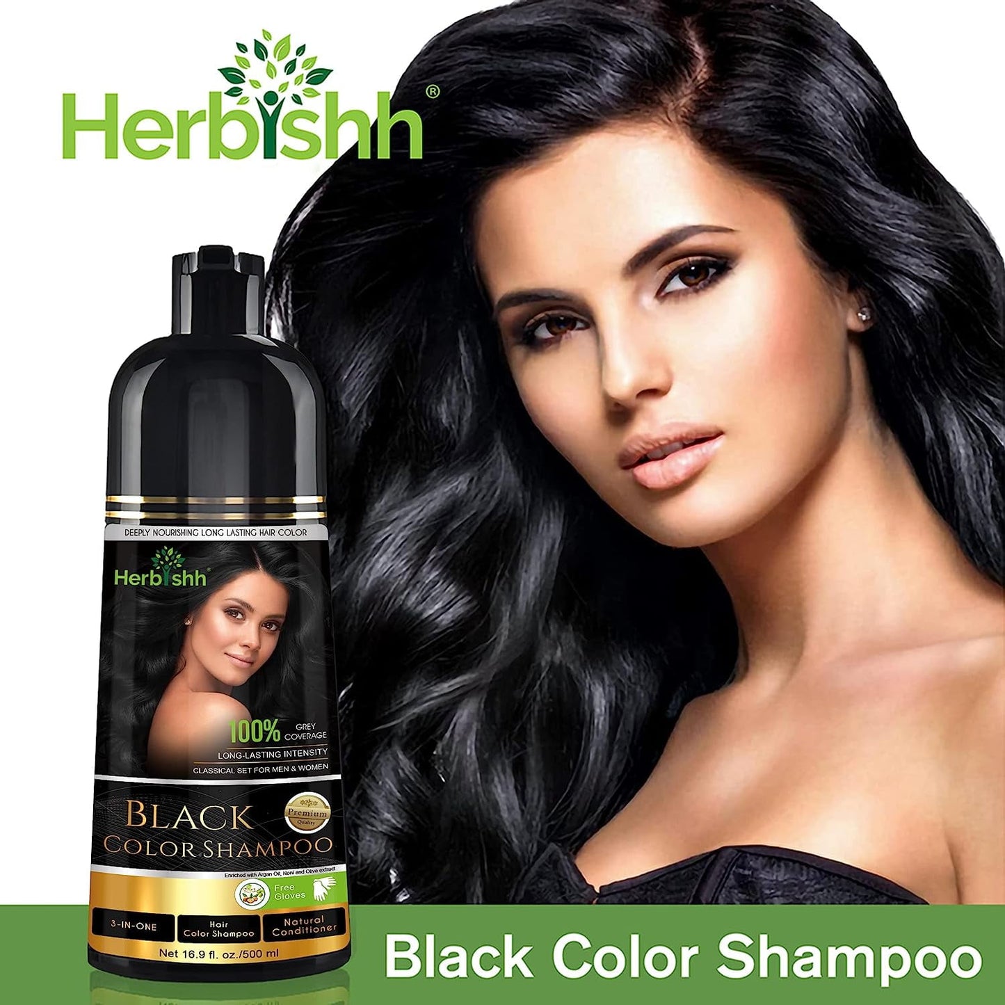 Herbishh Black Hair Color Shampoo for Gray Hair, Hair Dye Shampoo 3 in 1, 100% Gray Coverage, Permanent Hair Color for Men & Women, Ammonia-free, 500 ml