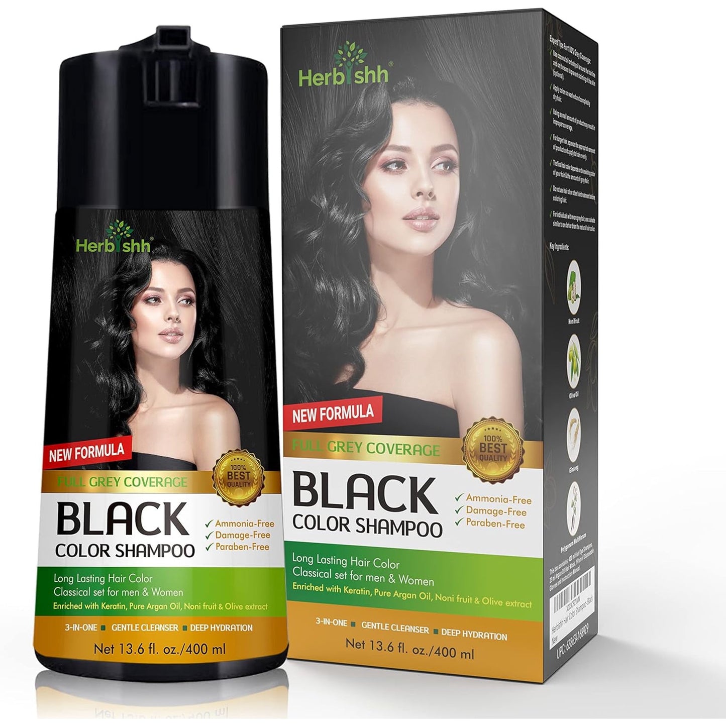 Herbishh Golden Black PPD-Free Hair Color Shampoo for Gray Hair, Hair Dye Shampoo 3 in 1, 100% Gray Coverage, Permanent Hair Color for Men & Women, Ammonia-free, 400 ml