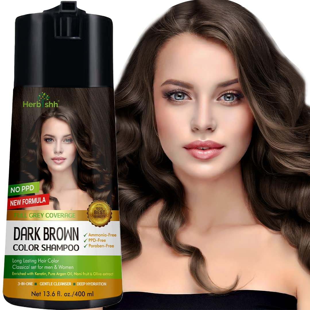 Herbishh Dark Brown PPD-Free Hair Color Shampoo for Gray Hair, Hair Dye Shampoo 3 in 1, 100% Gray Coverage, Permanent Hair Color for Men & Women, Ammonia-free, 400 ml