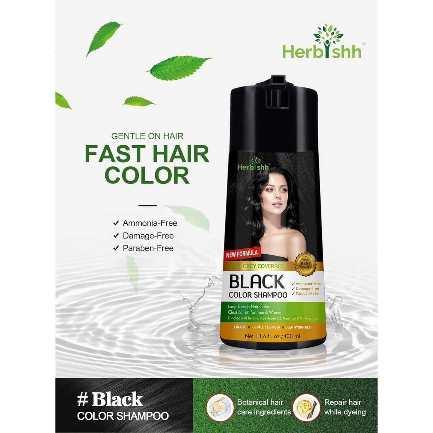 Herbishh Golden Black PPD-Free Hair Color Shampoo for Gray Hair, Hair Dye Shampoo 3 in 1, 100% Gray Coverage, Permanent Hair Color for Men & Women, Ammonia-free, 400 ml