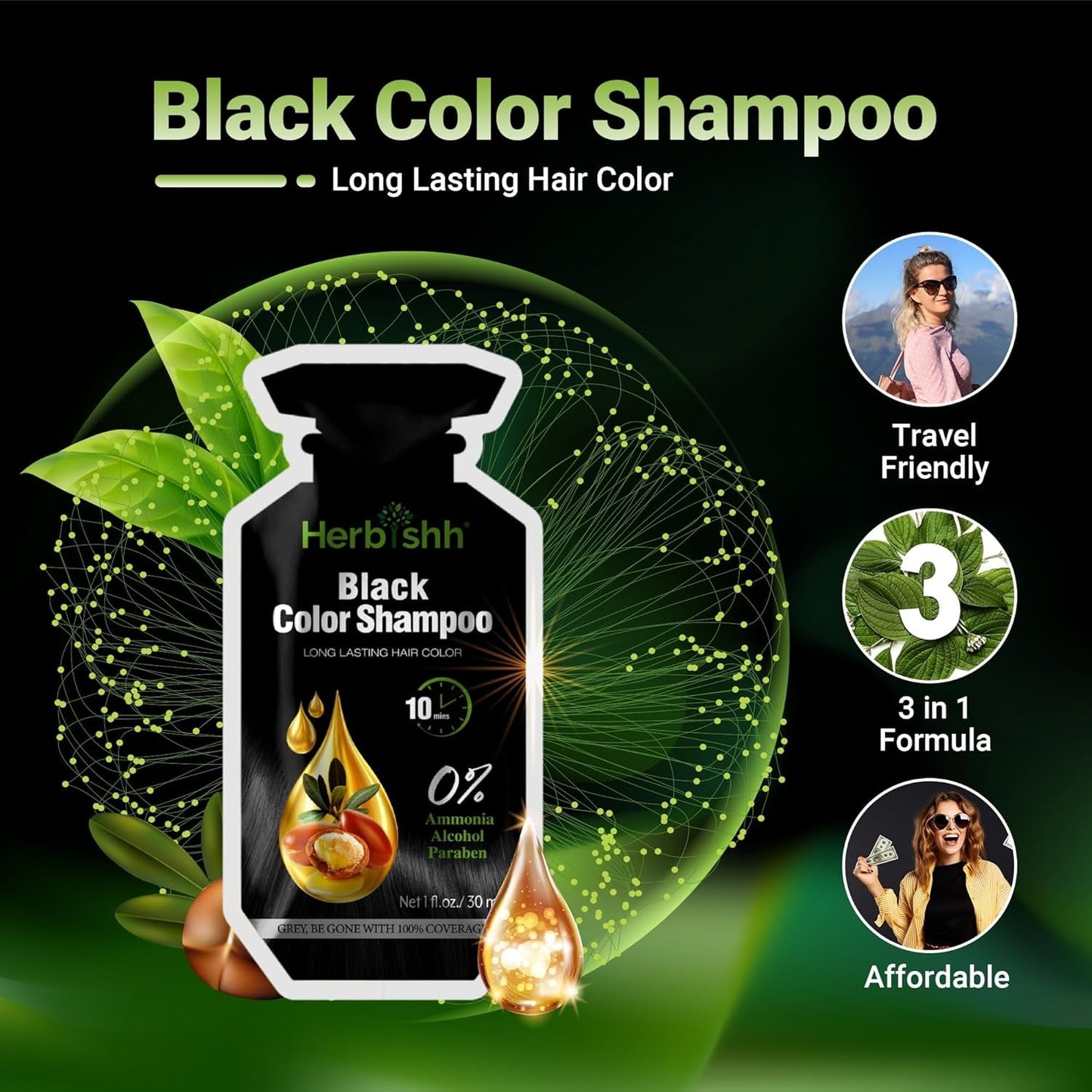 Herbishh Black PPD-Free Shampoo for Gray Hair, Travel-friendly Hair Dye Shampoo 3 in 1, 100% Gray Coverage, Permanent Hair Color for Men & Women, Ammonia-free, 30 ml